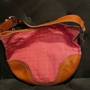 COACH Signature Hobo Bag Pink Jacquard with Tan Trim Leather